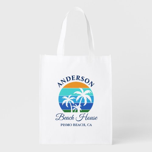 Family Name Beach House Sun Palm Trees Grocery Bag