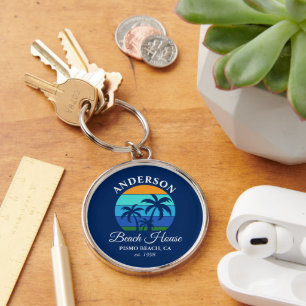 Family Name Beach House Sun Palm Trees Premium Keychain