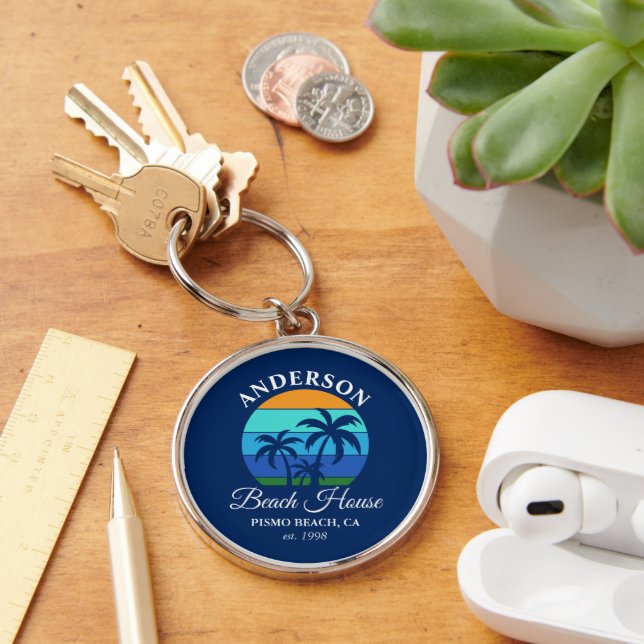 Family Name Beach House Sun Palm Trees Premium Keychain (Desk)
