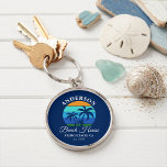 Family Name Beach House Sun Palm Trees Premium Keychain<br><div class="desc">Family Name Beach House Summer Palm Trees Sunset Retro Style Navy Blue Keychain. Personalize with your family name,  location,  year or date established and more.</div>