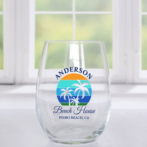 Family Name Beach House Sun Palm Trees Stemless Wine Glass