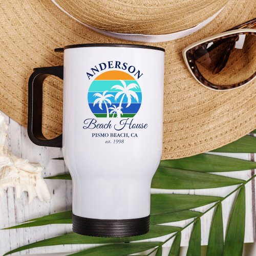 Family Name Beach House Sun Palm Trees Travel Mug