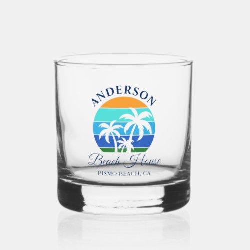 Family Name Beach House Sun Palm Trees Whiskey Glass