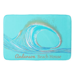Family Name Beach House Teal Ocean Wave Bath Mat
