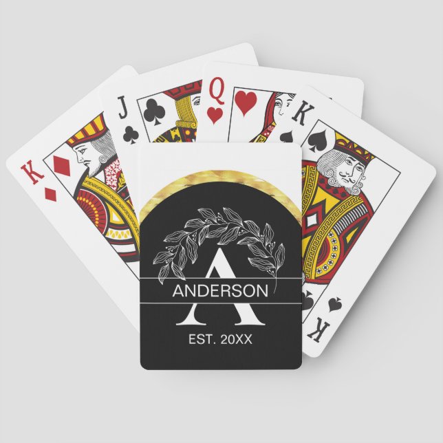 Family Name Black and White Floral Monogrammed Poker Cards (Back)
