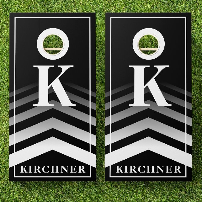 Family Name Black Faded Chevron Monogram Modern Cornhole Set (Creator Uploaded)