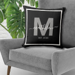 Family Name Black Newlywed Monogram Throw Pillow<br><div class="desc">Personalized Newlywed Monogram Throw Pillow with Year Established. This chic pillow makes the perfect gift for newlyweds, celebrating their new life together with style and personalization. Featuring a bold gray initial over a sleek black background, the couple’s last name is displayed in elegant white script calligraphy, with their "established" year...</div>