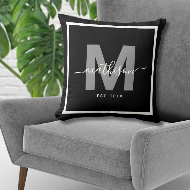 Family Name Black Newlywed Monogram Throw Pillow (Family Name Black Newlywed Monogram Throw Pillow )