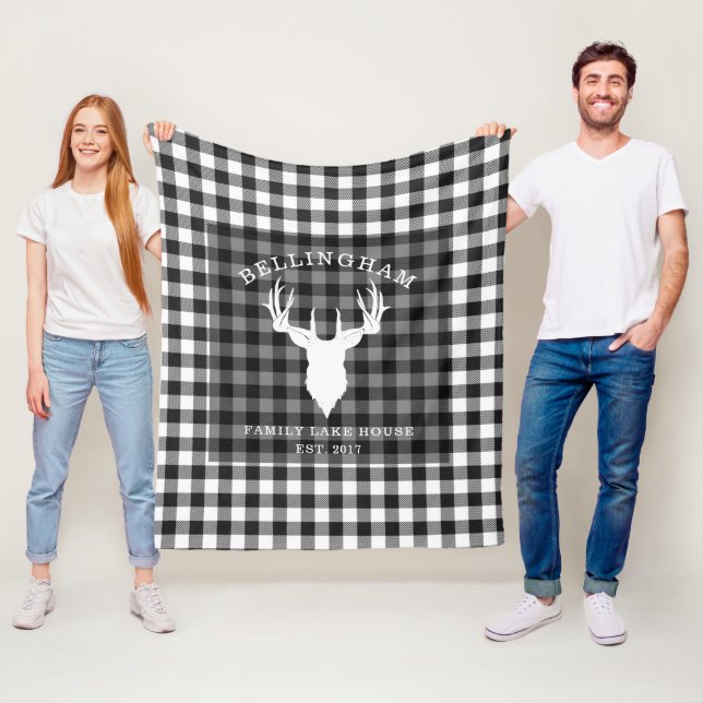 Family Name Black White Gingham Plaid Lake House Fleece Blanket (In Situ)