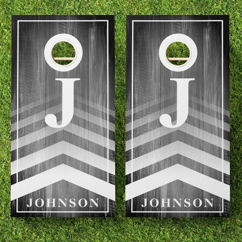 Family Name Black Wood Faded Chevron Monogram Cornhole Set