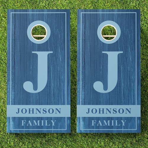 Family Name Blue Rustic Country Wood Monogram Cornhole Set