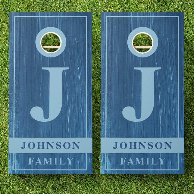 Family Name Blue Rustic Country Wood Monogram Cornhole Set (Creator Uploaded)