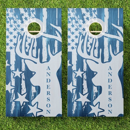 Family Name Blue Wood Deer Buck American Flag Cornhole Set