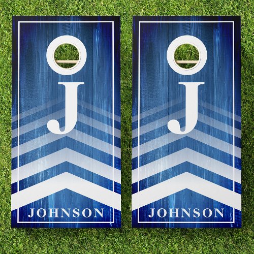 Family Name Blue Wood Faded Chevron Monogram Cornhole Set