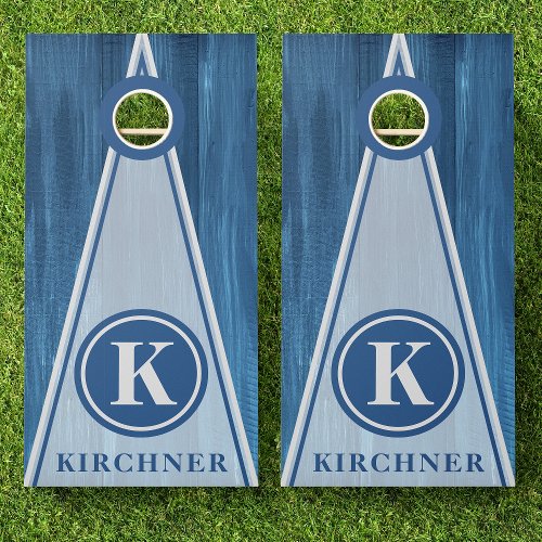 Family Name Blue Wood Triangle Stripes Monogram Cornhole Set