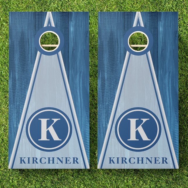 Family Name Blue Wood Triangle Stripes Monogram Cornhole Set (Creator Uploaded)