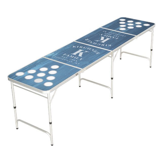 Family Name Blue Wood Year Established Monogram Beer Pong Table (Angled)