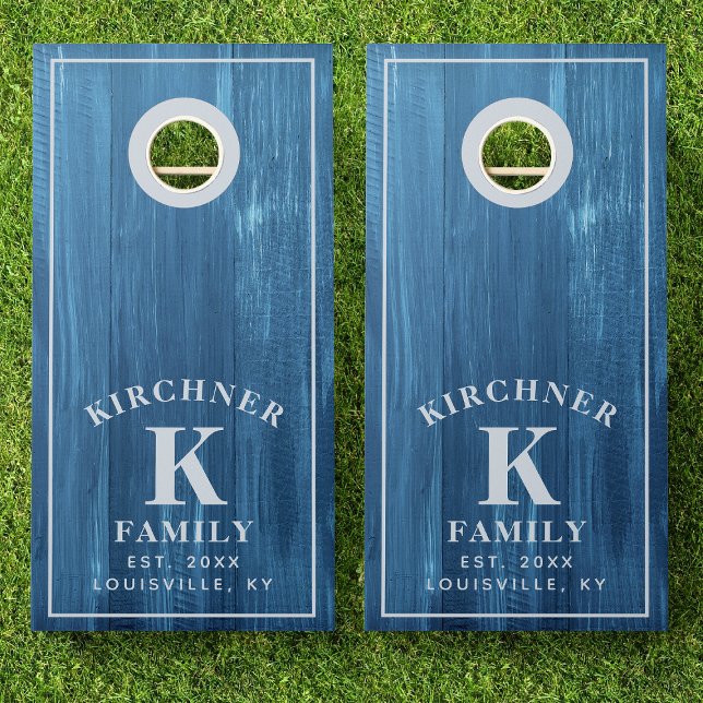 Family Name Blue Wood Year Established Monogram Cornhole Set (Creator Uploaded)