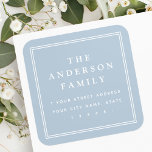 Family name border light dusty blue return address square sticker<br><div class="desc">Elegant,  light dusty blue or custom color return address labels featuring your family name in an elegant serif font and the return address below surrounded by a double border.</div>
