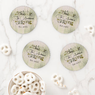 Family Name Botanical Watercolor on Rustic Wood Coaster Set
