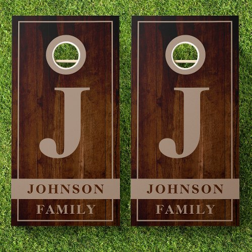 Family Name Brown Rustic Country Wood Monogram Cornhole Set