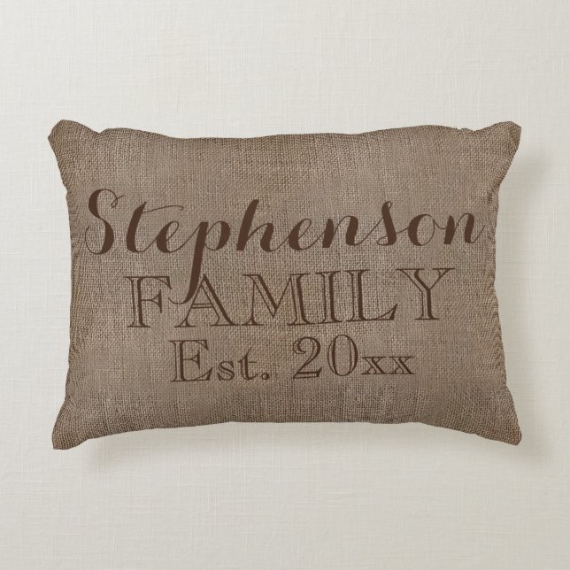 Family Name Burlap Rustic Accent Pillow (Front)