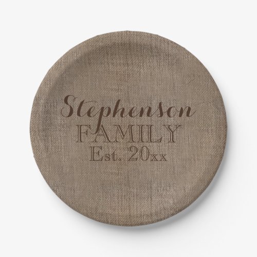 Family Name Burlap Rustic Paper Plates