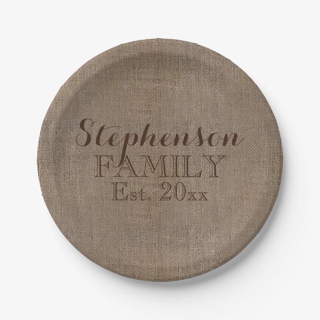 Family Name Burlap Rustic Paper Plates (Front)