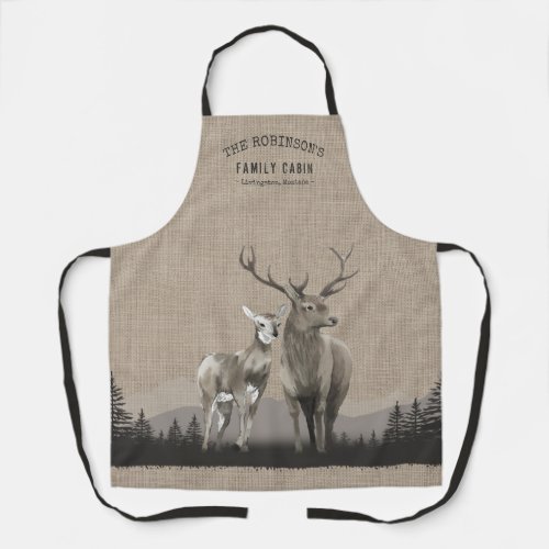 Family Name Cabin Deer Pine Tree Forest Burlap Apron