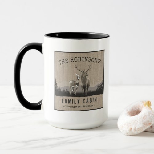 Family Name Cabin Deer Pine Tree Forest Burlap Big Mug