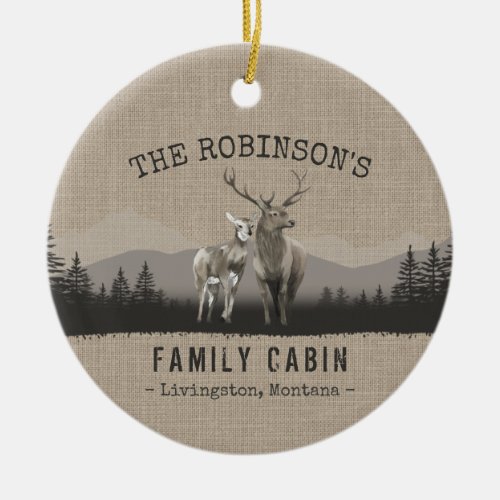 Family Name Cabin Deer Pine Tree Forest Burlap Ceramic Ornament