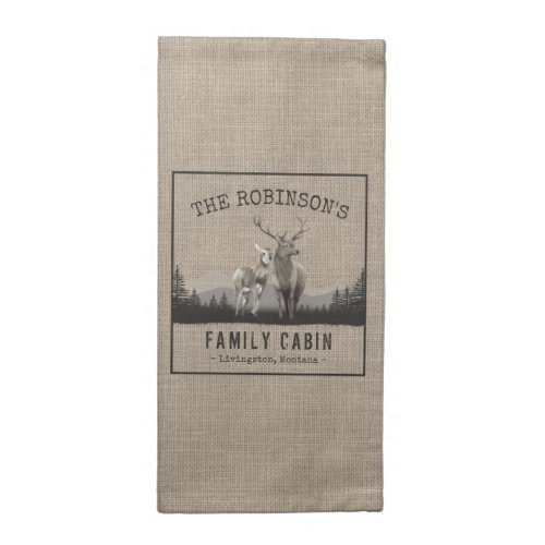 Family Name Cabin Deer Pine Tree Forest Burlap Cloth Napkin