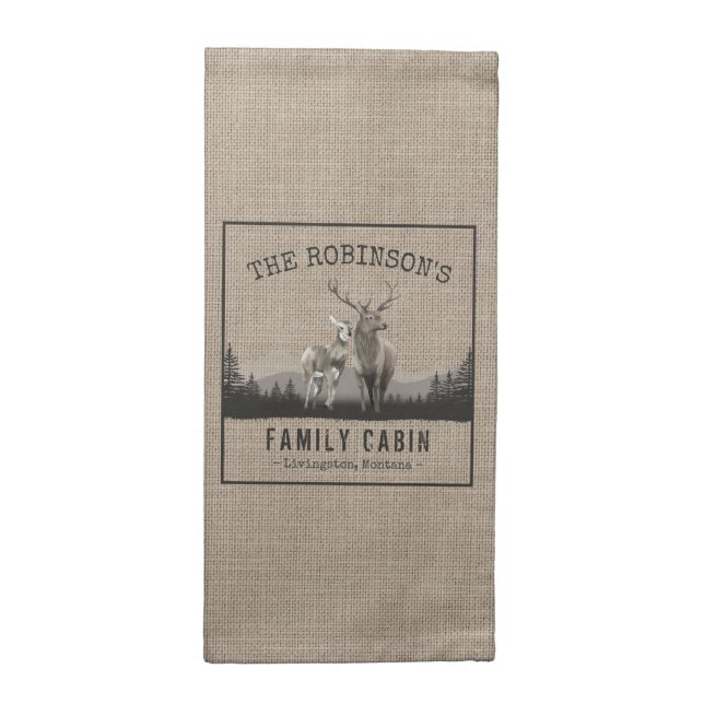 Family Name Cabin Deer Pine Tree Forest Burlap Cloth Napkin (Half Fold)