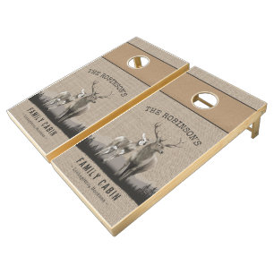 Family Name Cabin Deer Pine Tree Forest Burlap Cornhole Set