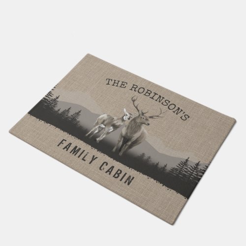 Family Name Cabin Deer Pine Tree Forest Burlap Doormat