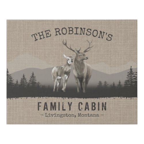 Family Name Cabin Deer Pine Tree Forest Burlap Faux Canvas Print