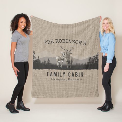 Family Name Cabin Deer Pine Tree Forest Burlap Fleece Blanket