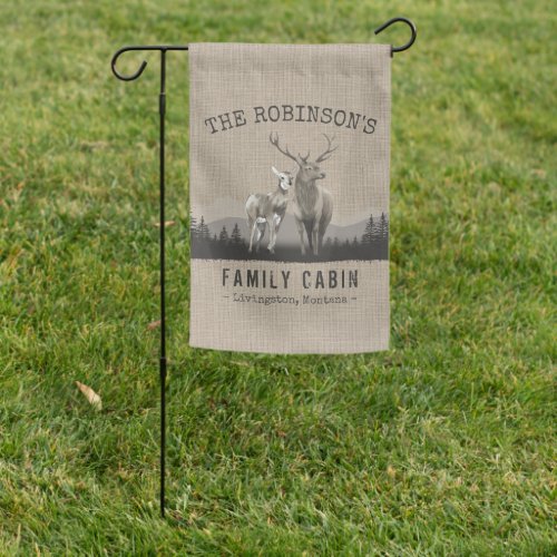 Family Name Cabin Deer Pine Tree Forest Burlap Garden Flag