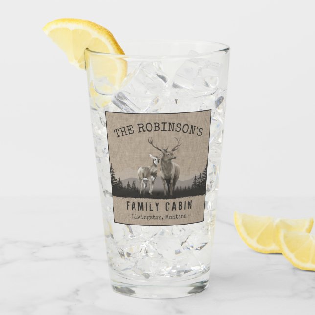 Family Name Cabin Deer Pine Tree Forest Burlap Glass (Front Ice)