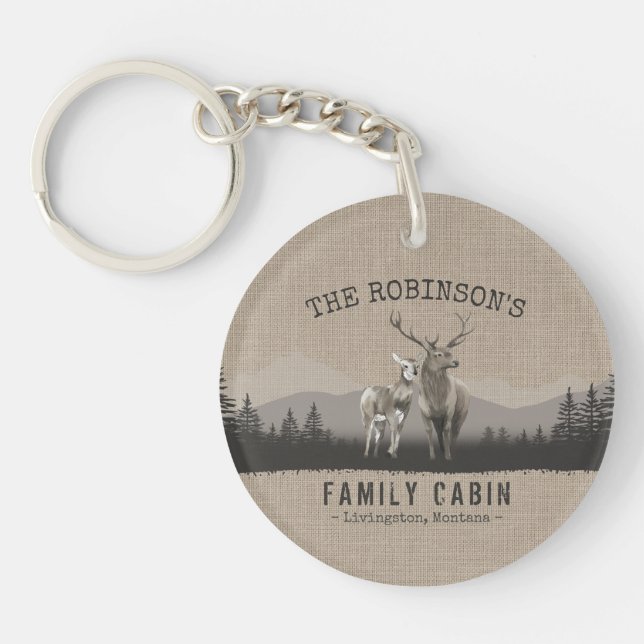 Family Name Cabin Deer Pine Tree Forest Burlap Keychain (Front)
