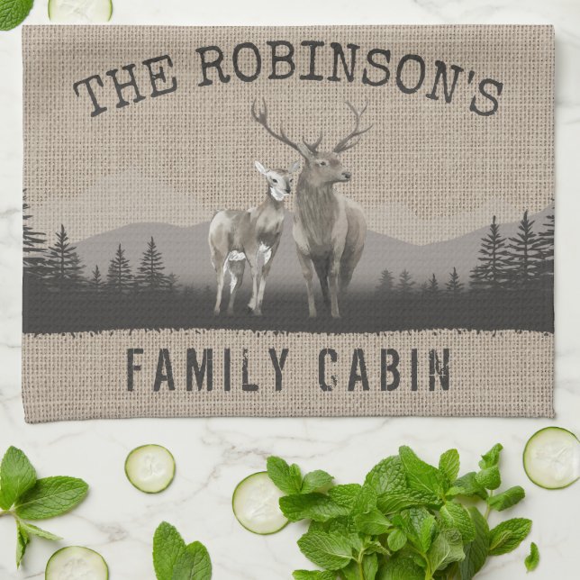 Family Name Cabin Deer Pine Tree Forest Burlap Kitchen Towel (Folded)