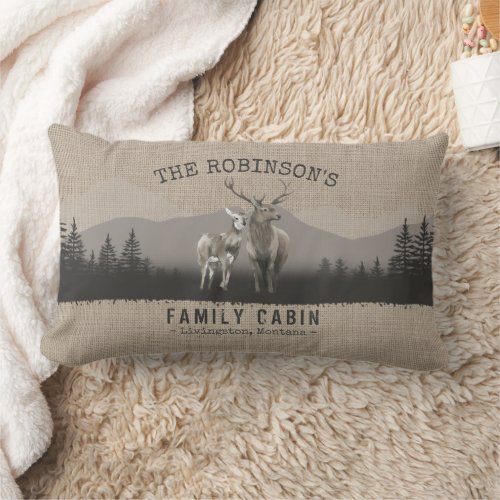 Family Name Cabin Deer Pine Tree Forest Burlap Lumbar Pillow