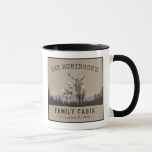Family Name Cabin Deer Pine Tree Forest Burlap Mug