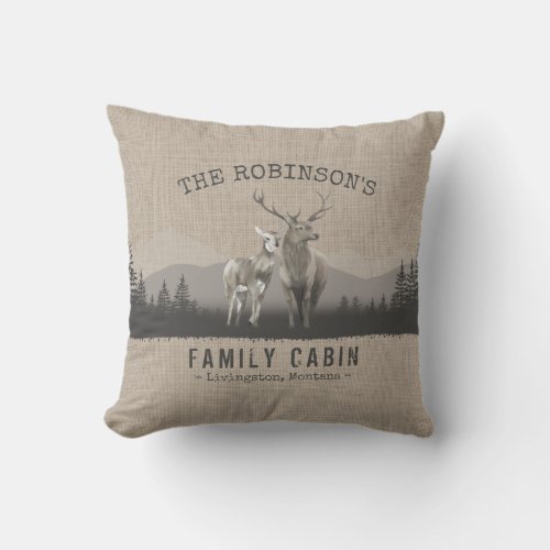 Family Name Cabin Deer Pine Tree Forest Burlap Outdoor Pillow