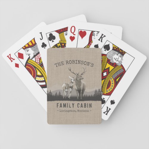 Family Name Cabin Deer Pine Tree Forest Burlap Poker Cards