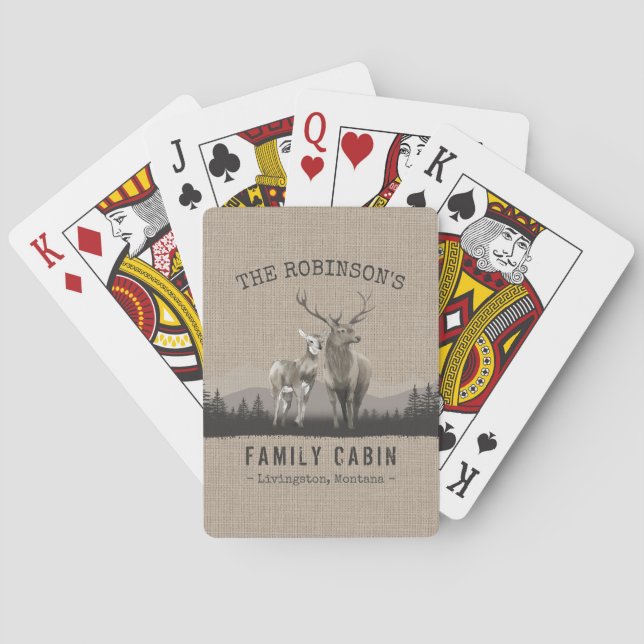 Family Name Cabin Deer Pine Tree Forest Burlap Poker Cards (Back)