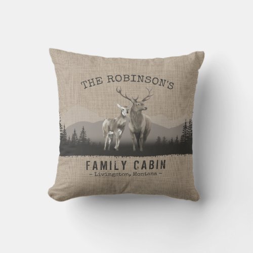 Family Name Cabin Deer Pine Tree Forest Burlap Throw Pillow
