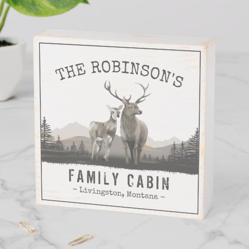 Family Name Cabin Deer Pine Tree Forest Distressed Wooden Box Sign