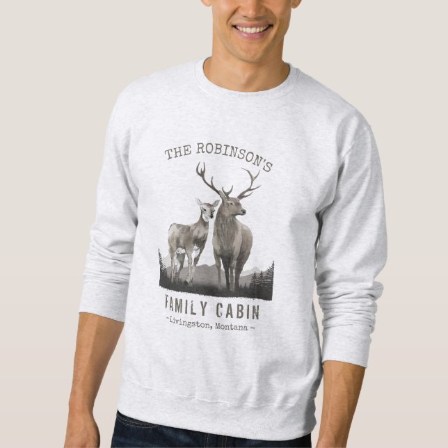 Family Name Cabin Deer Pine Tree Forest Gray Sweatshirt (Front)