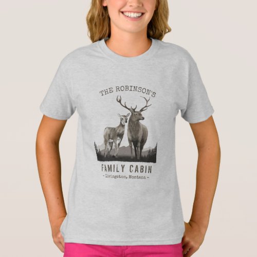 Family Name Cabin Deer Pine Tree Forest Gray T_Shirt